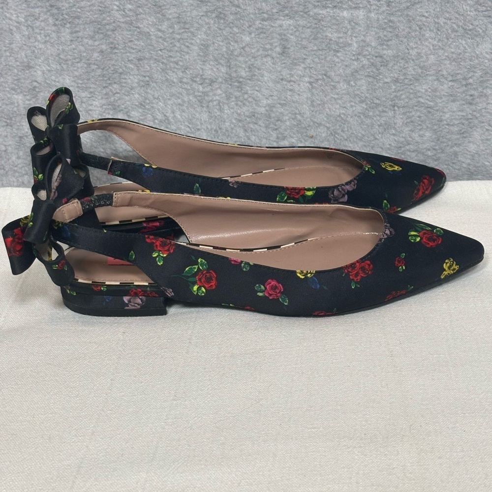 Betsey Johnson Clayr Floral Rose Satin Slingback Flats-Black-Women Size 6